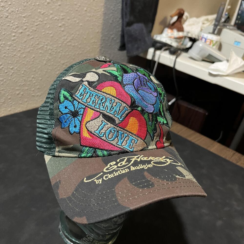 Ed Hardy Hat Cap Snapback Vintage Camo Eternal Love Mesh Trucker Mens Tattoo Y2K